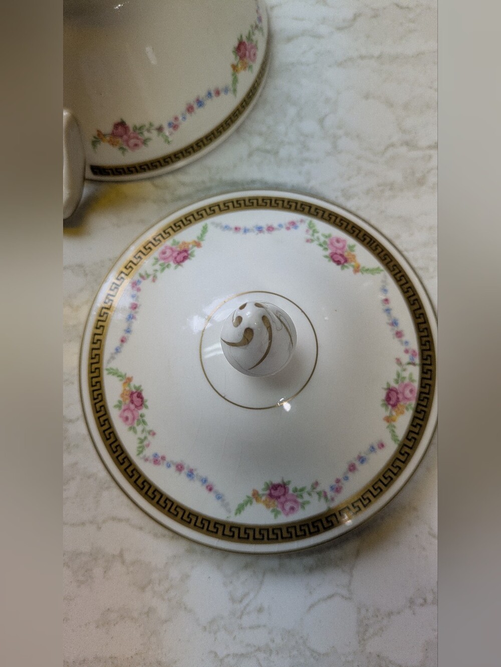 Edwin M. Knowles Floral Porcelain Covered Sugar Bowl with Gold Trim - Picture 7 of 13